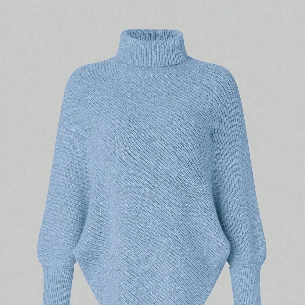 Blue Casual Women's High Neck Batwing Sleeve Sweater - Picture 5 of 8
